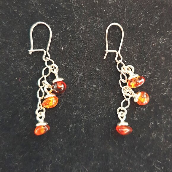 3 Strand 925 Sterling Silver and Genuine Baltic Amber Dangle Earrings - Picture 1 of 8